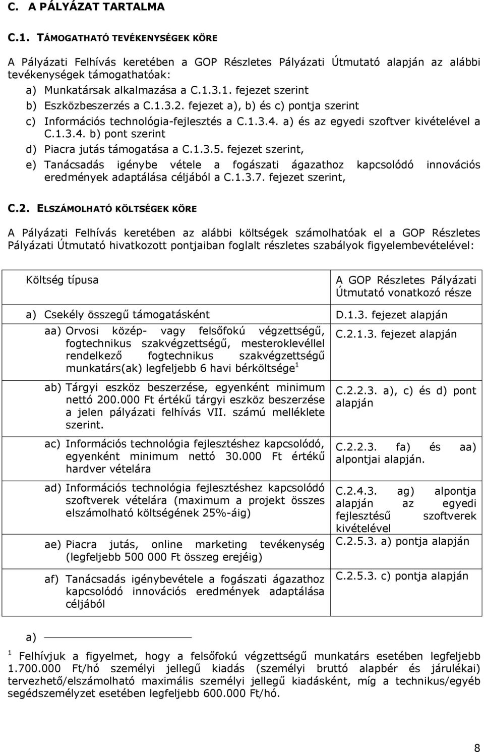 3.1. fejezet szerint b) Eszközbeszerzés a C.1.3.2. fejezet a), b) és c) pontja szerint c) Információs technológia-fejlesztés a C.1.3.4. a) és az egyedi szoftver kivételével a C.1.3.4. b) pont szerint d) Piacra jutás támogatása a C.