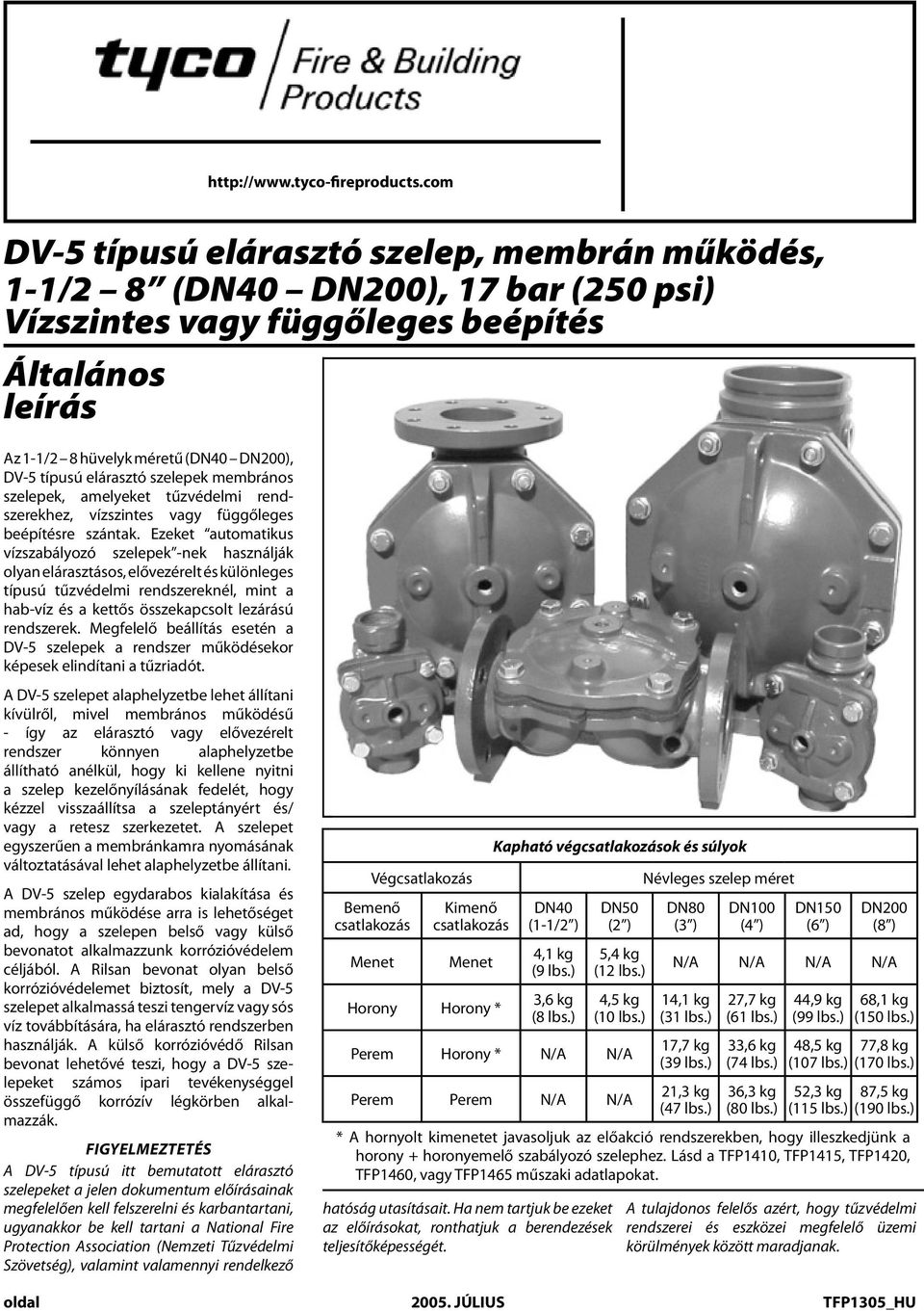 bar) Vízszintes Vertical orvagy Horizontal függőleges Installation beépítés Általános General leírás Description The 1-1/ thru inch (DN0 thru z DN00), 1-1/ hüvelyk Model DV-5 méretű Deluge (DN0