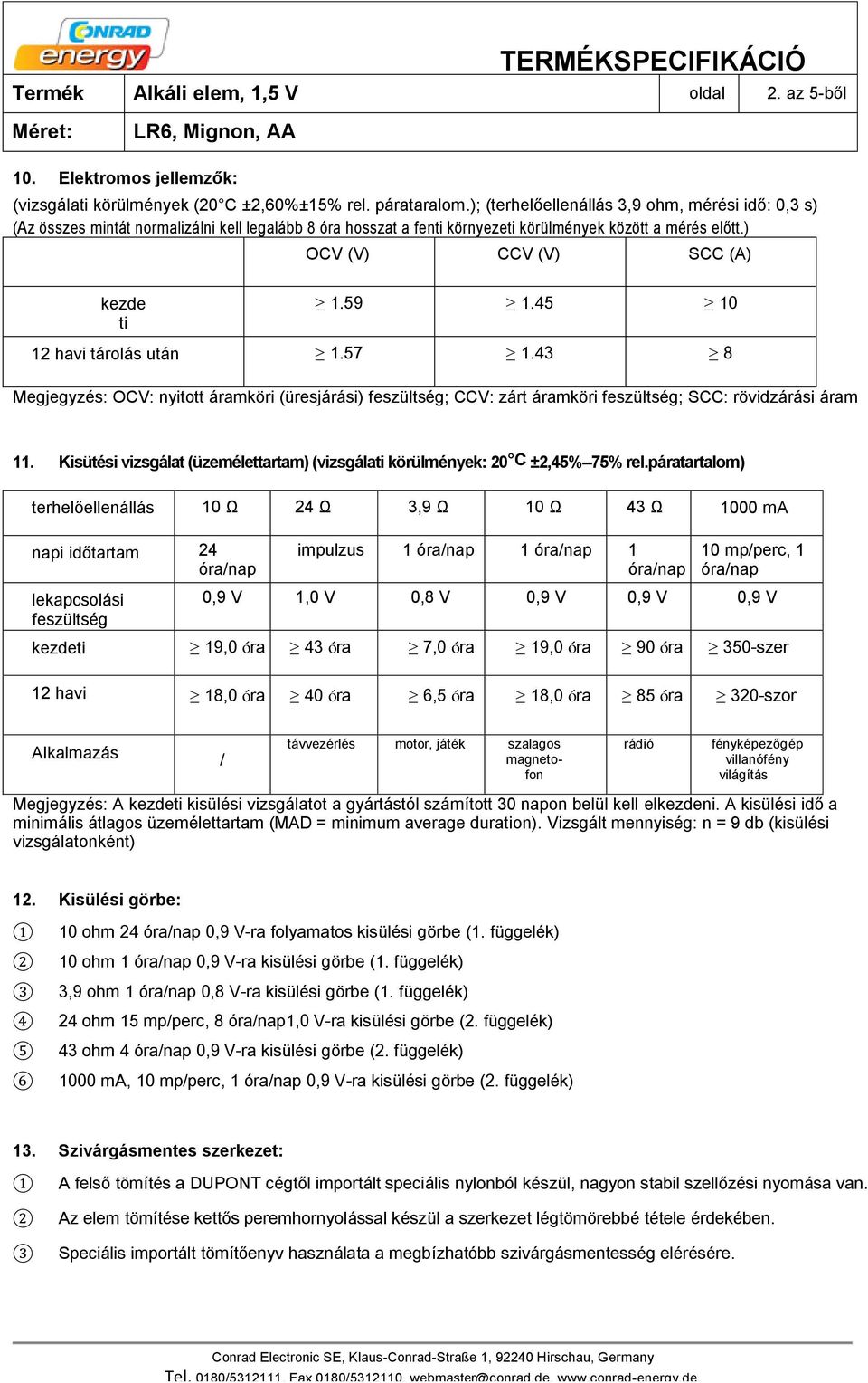 59 1.45 10 12 havi tárolás után 1.57 1.43 8 Megjegyzés: OCV: nyitott áramköri (üresjárási) feszültség; CCV: zárt áramköri feszültség; SCC: rövidzárási áram 11.