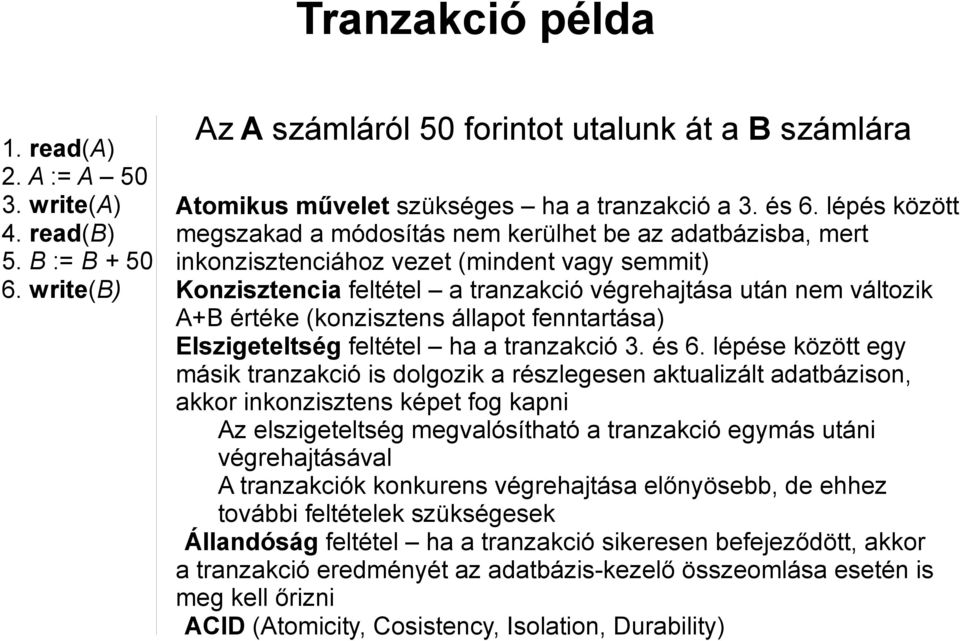 (konzisztens állapot fenntartása) Elszigeteltség feltétel ha a tranzakció 3. és 6.