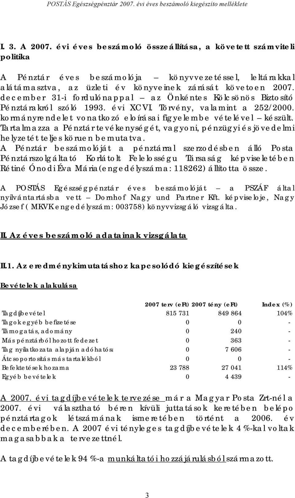 Tartalmazza a Pénztár tevékenységét, vagyoni, pénzügyi és jövedelmi helyzetét teljes köruen bemutatva.