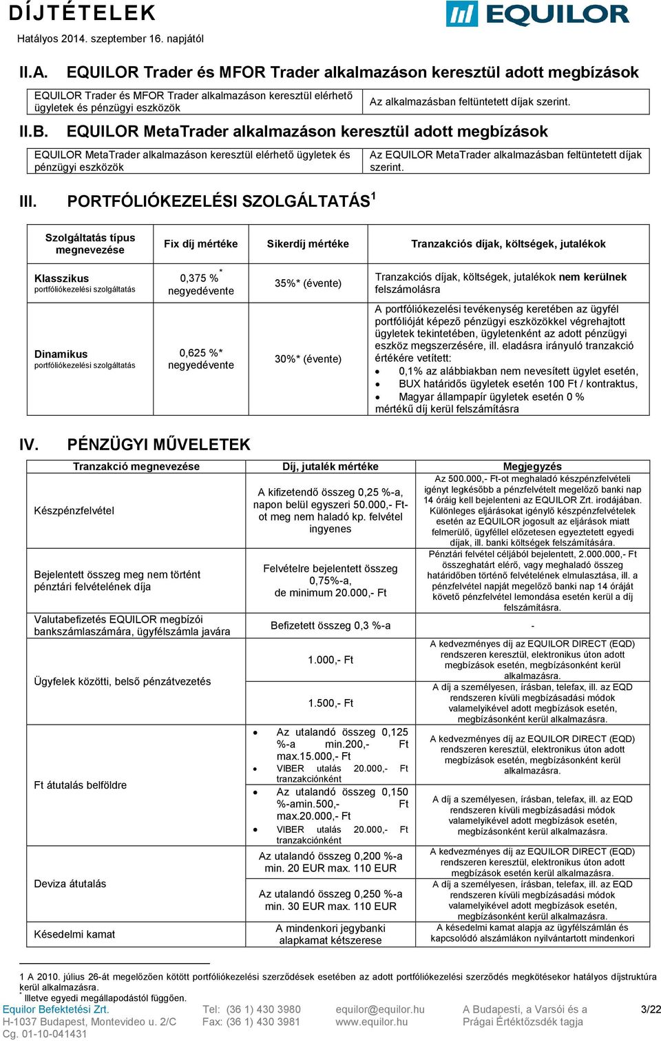 PORTFÓLIÓKEZELÉSI SZOLGÁLTATÁS 1 Az EQUILOR MetaTrader alkalmazásban feltüntetett díjak szerint.