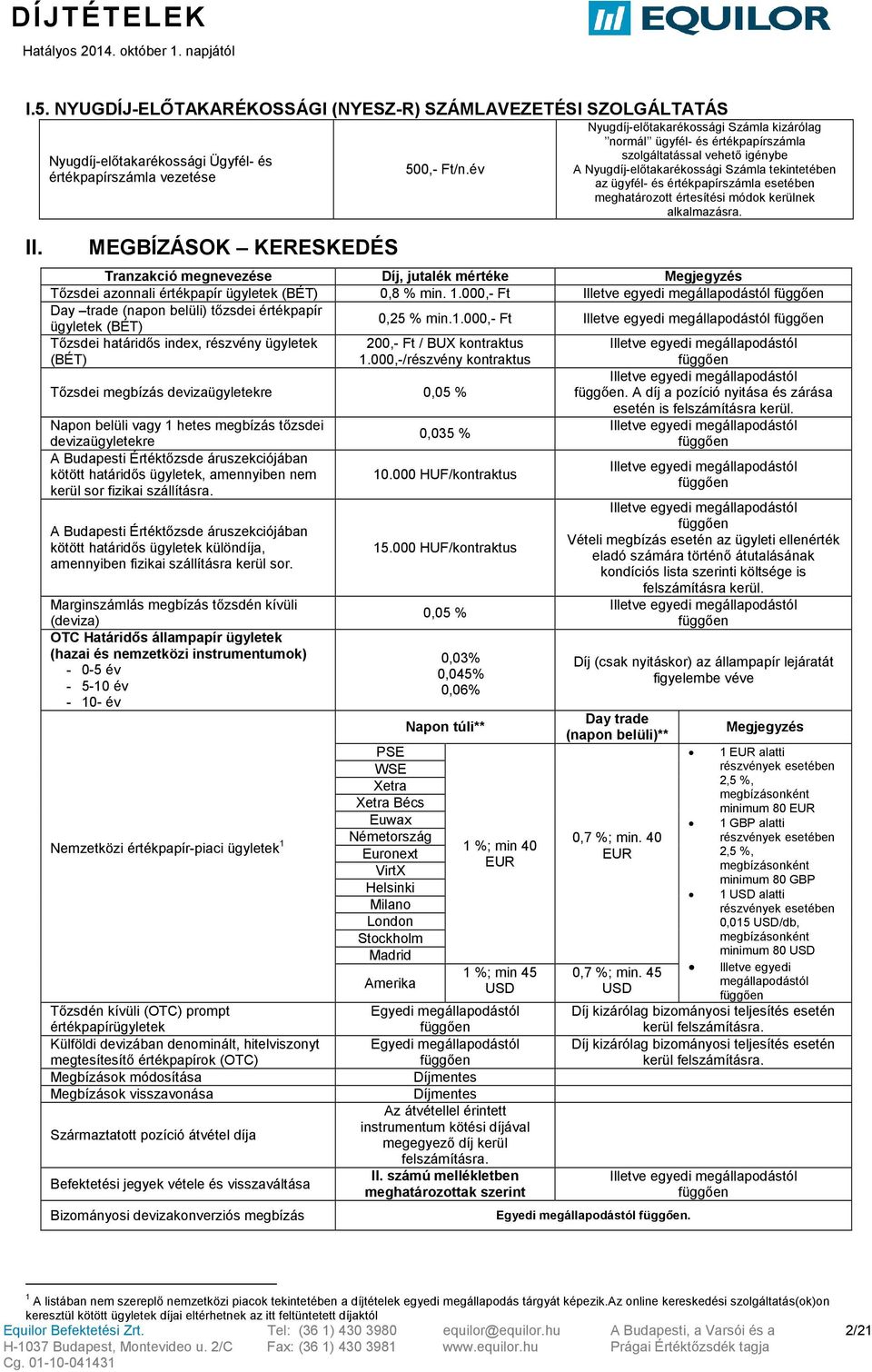 meghatározott értesítési módok kerülnek alkalmazásra. Tranzakció megnevezése Díj, mértéke Megjegyzés Tőzsdei azonnali értékpapír ügyletek (BÉT) 0,8 % min. 1.