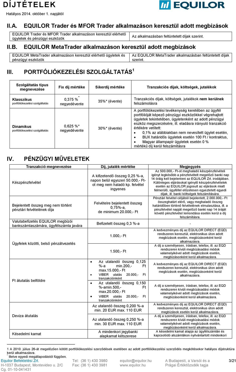 PORTFÓLIÓKEZELÉSI SZOLGÁLTATÁS 1 Az EQUILOR MetaTrader alkalmazásban feltüntetett díjak szerint.