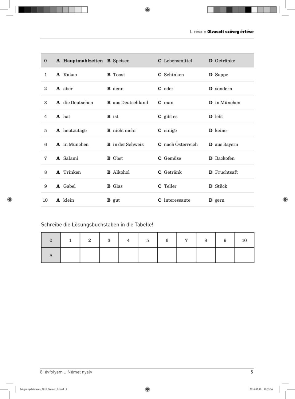 Österreich D aus Bayern 7 A Salami B Obst C Gemüse D Backofen 8 A Trinken B Alkohol C Getränk D Fruchtsaft 9 A Gabel B Glas C Teller D Stück 10 A klein B gut C