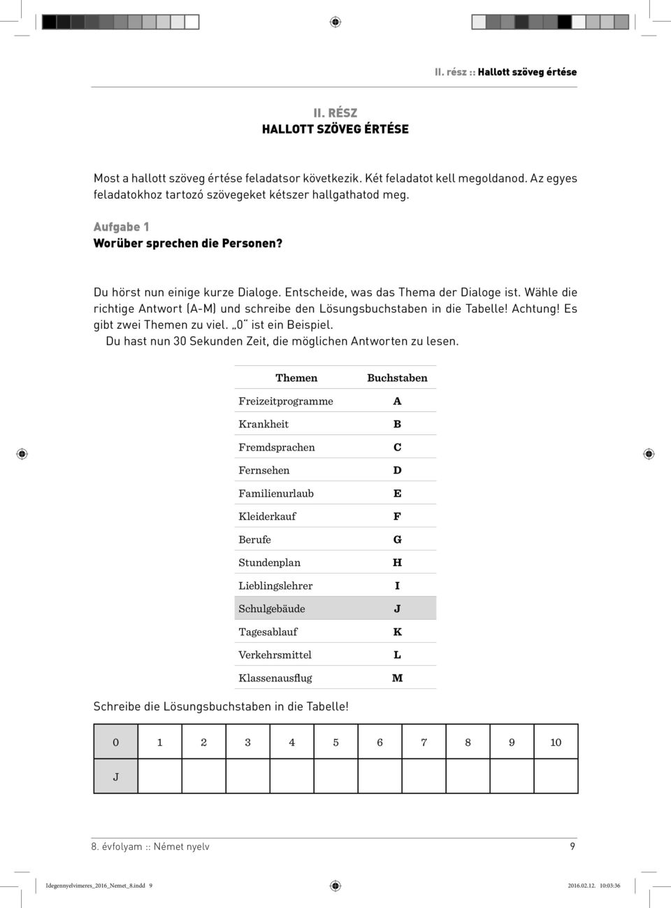 Wähle die richtige Antwort (A-M) und schreibe den Lösungsbuchstaben in die Tabelle! Achtung! Es gibt zwei Themen zu viel. 0 ist ein Beispiel.