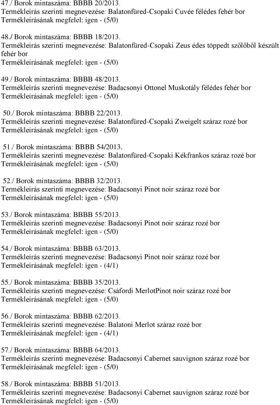 Termékleírás szerinti megnevezése: Badacsonyi Ottonel Muskotály félédes fehér bor 50./ Borok mintaszáma: BBBB 22/2013.