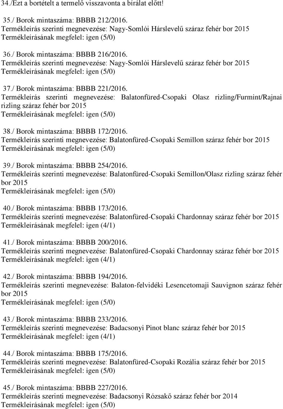 Termékleírás szerinti megnevezése: Balatonfüred-Csopaki Olasz rizling/furmint/rajnai rizling száraz 38./ Borok mintaszáma: BBBB 172/2016.