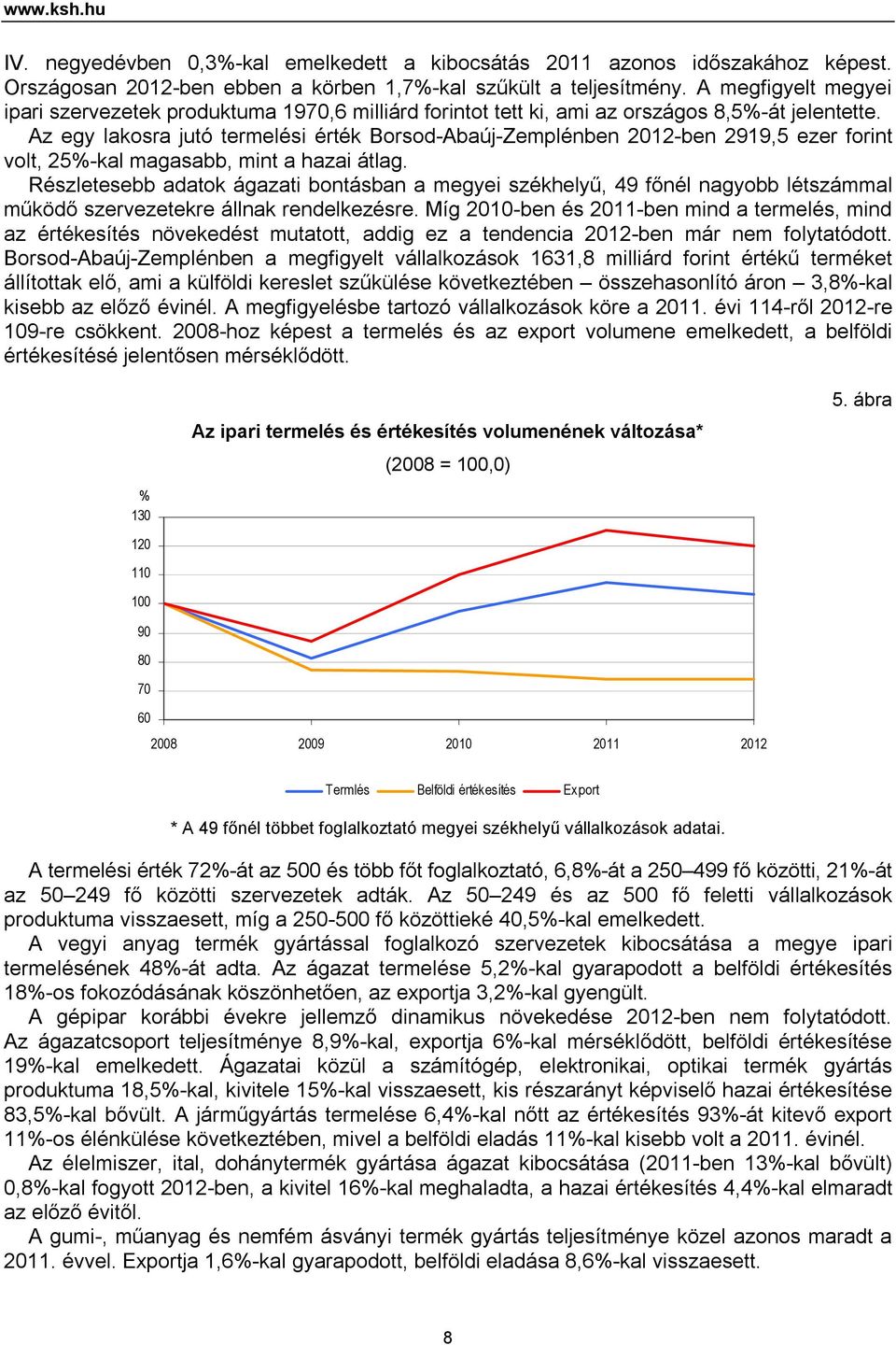 Az egy lakosra jutó termelési érték Borsod-Abaúj-Zemplénben 2012-ben 2919,5 ezer forint volt, 25%-kal magasabb, mint a hazai átlag.