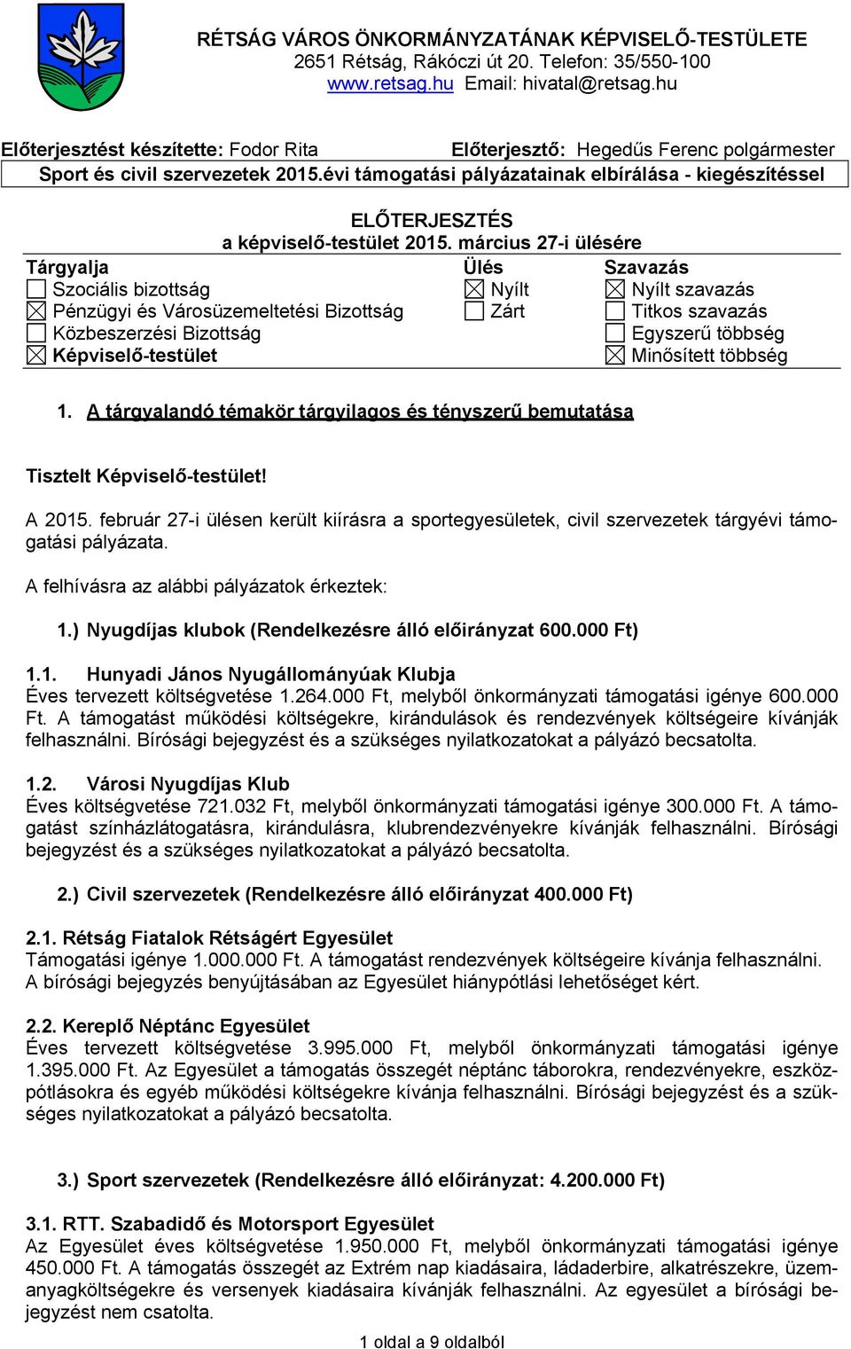 évi támogatási pályázatainak elbírálása - kiegészítéssel ELŐTERJESZTÉS a képviselő-testület 2015.