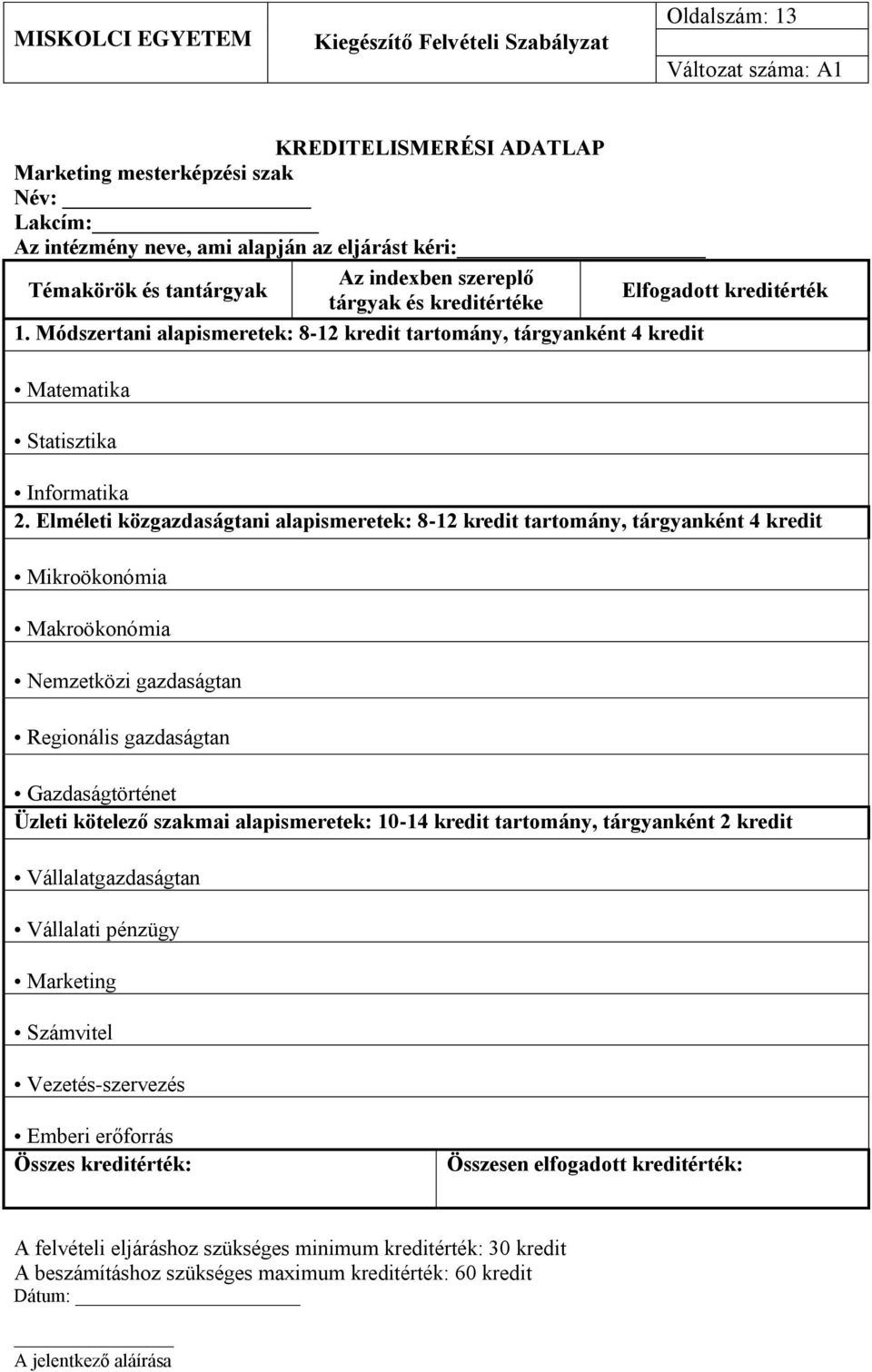 Elméleti közgazdaságtani alapismeretek: 8-12 kredit tartomány, tárgyanként 4 kredit Mikroökonómia Makroökonómia Nemzetközi gazdaságtan Regionális gazdaságtan Gazdaságtörténet Üzleti kötelező szakmai