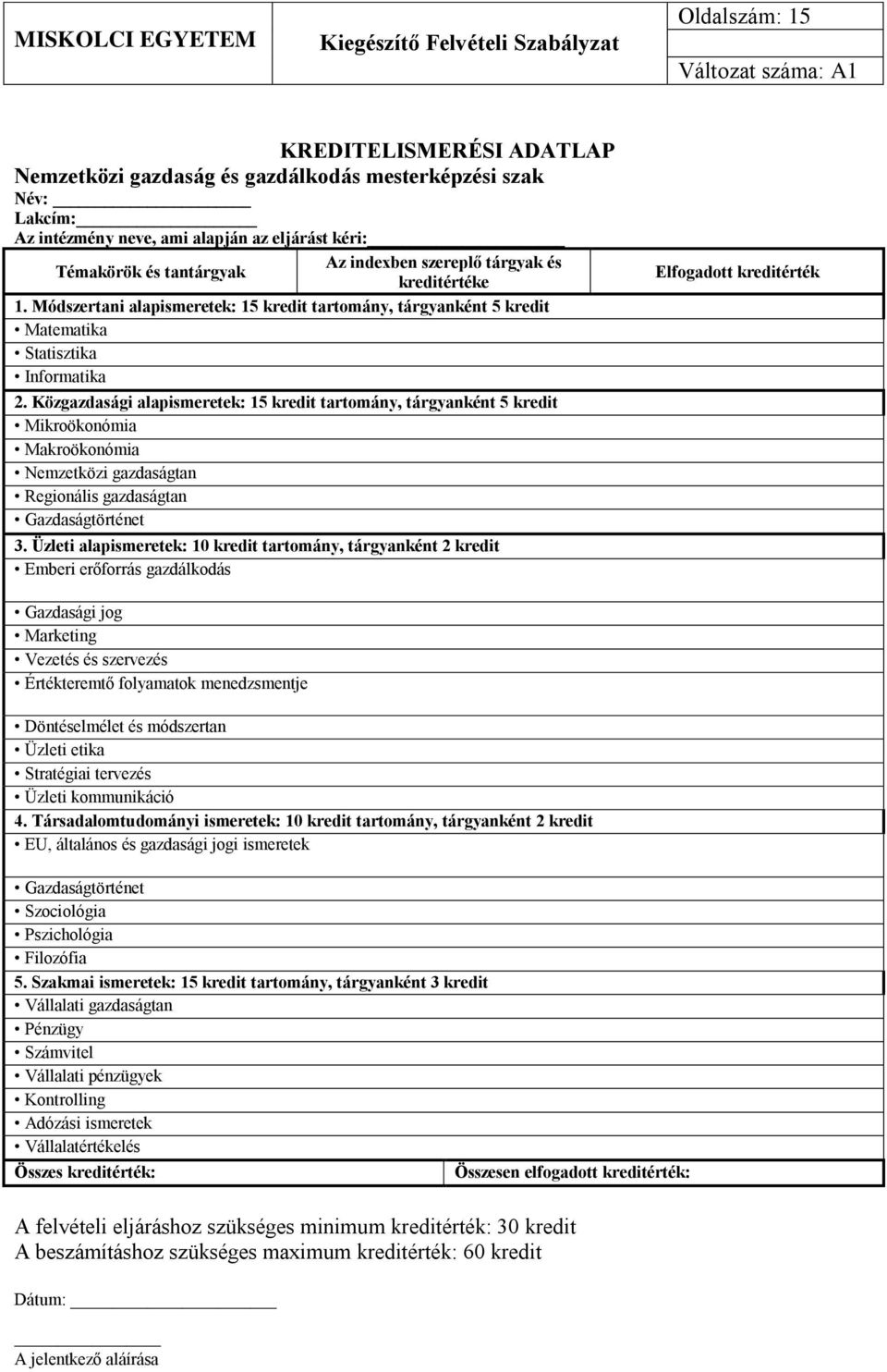 Közgazdasági alapismeretek: 15 kredit tartomány, tárgyanként 5 kredit Mikroökonómia Makroökonómia Nemzetközi gazdaságtan Regionális gazdaságtan Gazdaságtörténet 3.