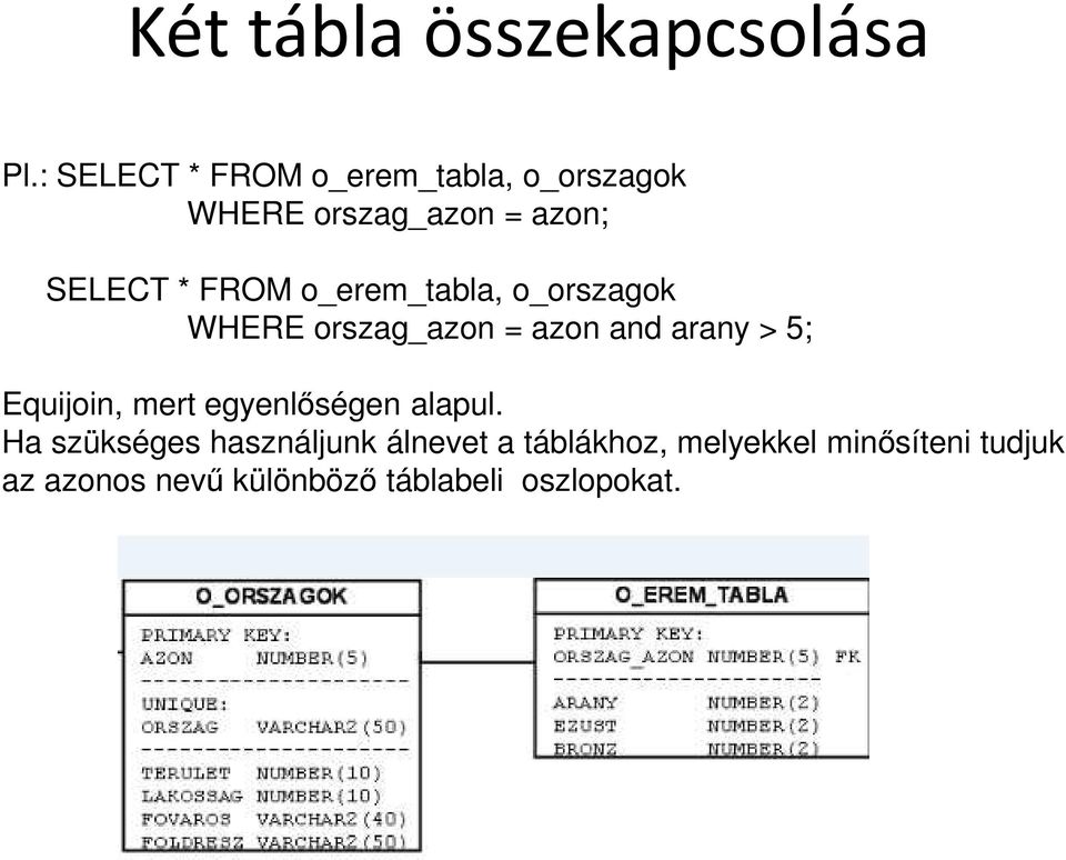 o_erem_tabla, o_orszagok WHERE orszag_azon = azon and arany > 5; Equijoin, mert