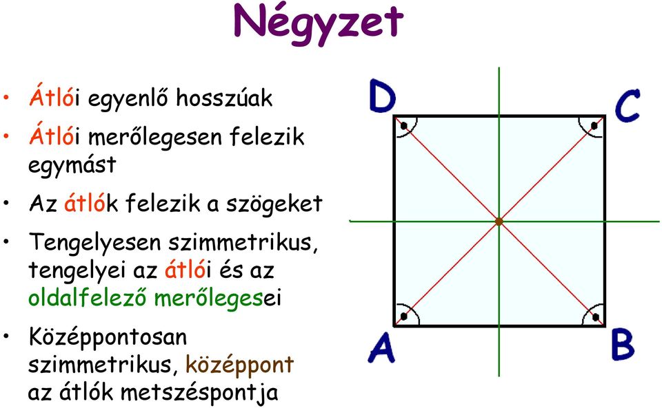 szimmetrikus, tengelyei az átlói és az oldalfelező