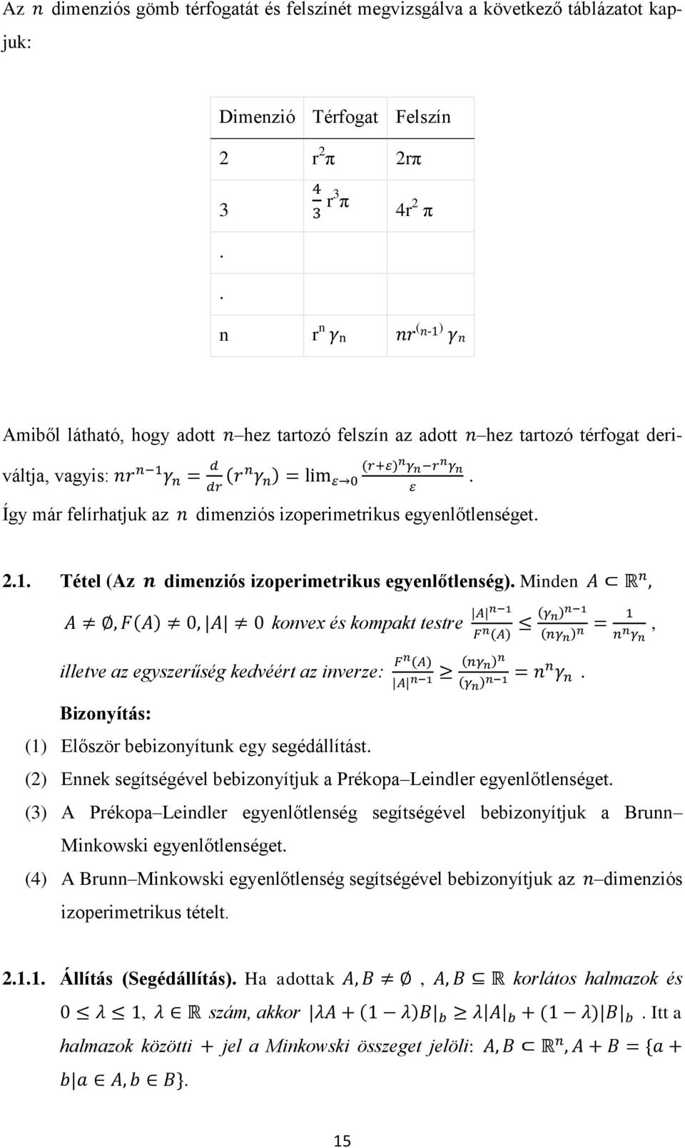 Minden konvex és kompakt testre, illetve az egyszerűség kedvéért az inverze: Bizonyítás: (1) Először bebizonyítunk egy segédállítást.