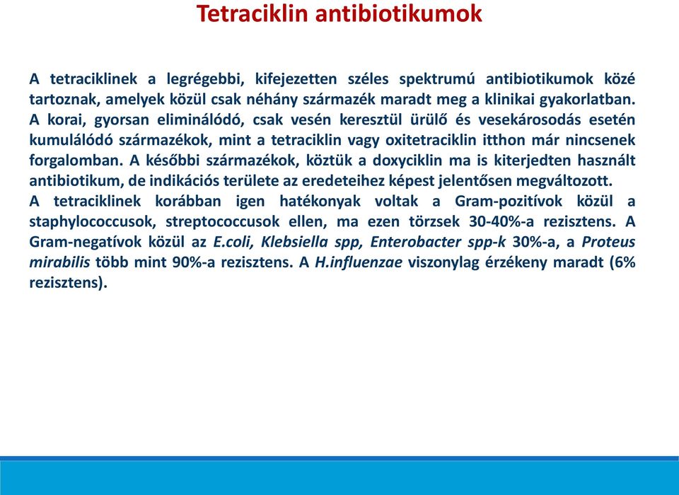 A későbbi származékok, köztük a doxyciklin ma is kiterjedten használt antibiotikum, de indikációs területe az eredeteihez képest jelentősen megváltozott.