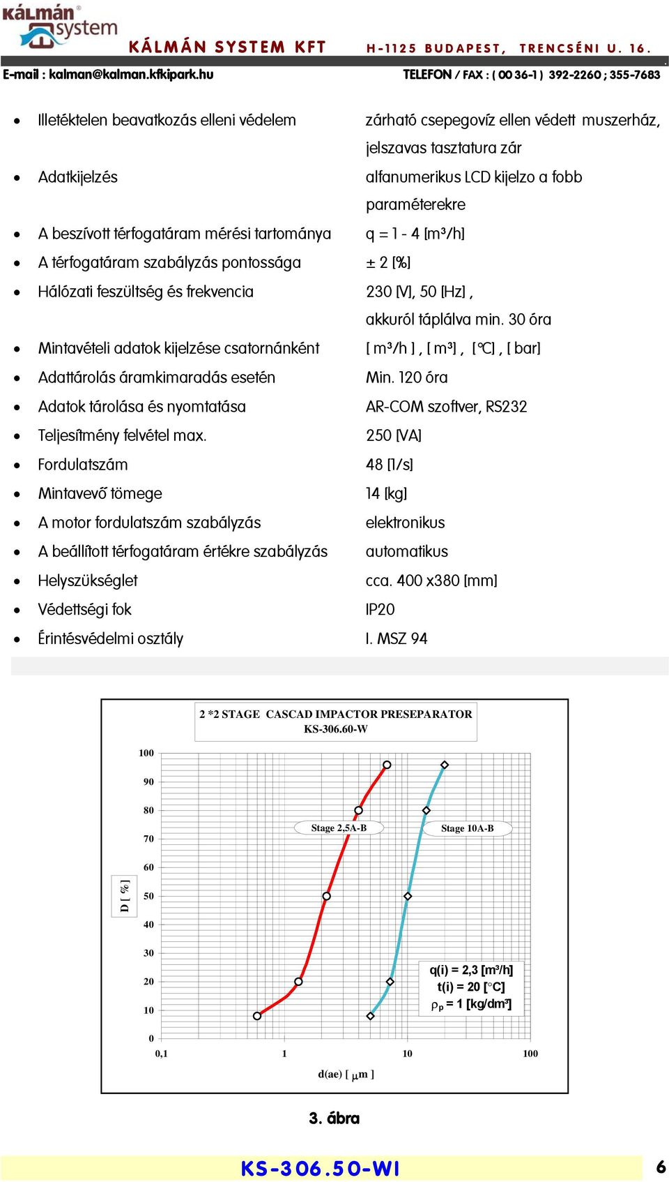 m³/h ], [ m³], [ C], [ bar] Adattárolás áramkimaradás esetén Min 120 óra Adatok tárolása és nyomtatása AR-COM szoftver, RS232 Teljesítmény felvétel max 250 [VA] Fordulatszám 48 [1/s] Mintavevô tömege