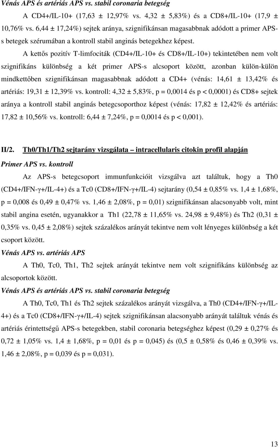 A kettıs pozitív T-limfociták (CD4+/IL-10+ és CD8+/IL-10+) tekintetében nem volt szignifikáns különbség a két primer APS-s alcsoport között, azonban külön-külön mindkettıben szignifikánsan