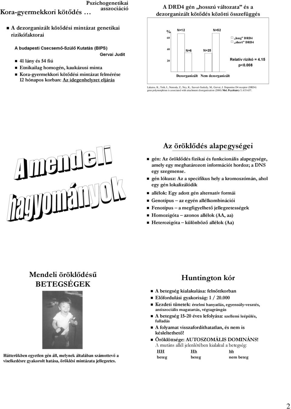 N=12 N=6 Dezorganizált N=25 N=52 Nem dezorganizált long DRD4 short DRD4 Relatív rizikó = 4.15 p<0.008 Lakatos, K., Toth, I., Nemoda, Z., Ney, K., Sasvari-Szekely, M., Gervai, J.