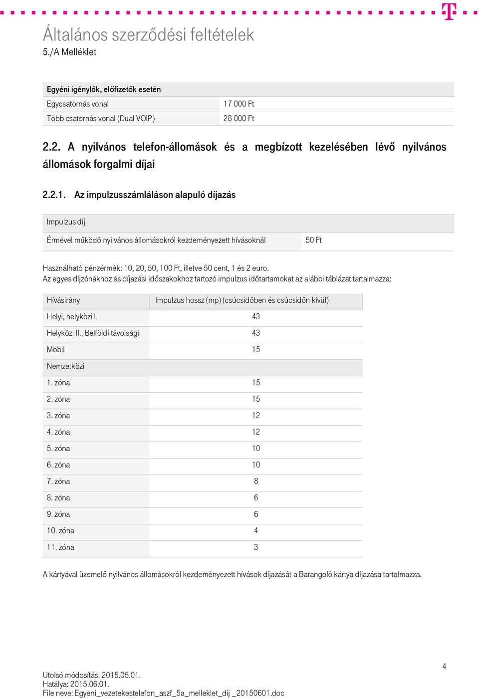 Az egyes díjzónákhoz és díjazási időszakokhoz tartozó impulzus időtartamokat az alábbi táblázat tartalmazza: Hívásirány Impulzus hossz (mp) (csúcsidőben és csúcsidőn kívül) Helyi, helyközi I.