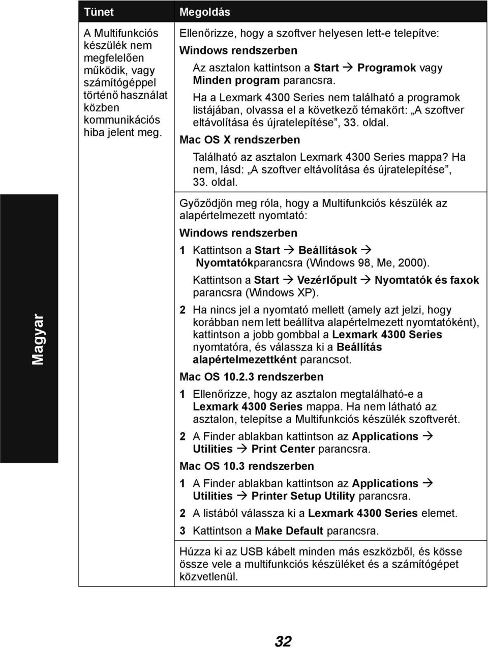 Ha a Lexmark 4300 Series nem található a programok listájában, olvassa el a következő témakört: A szoftver eltávolítása és újratelepítése, 33. oldal.