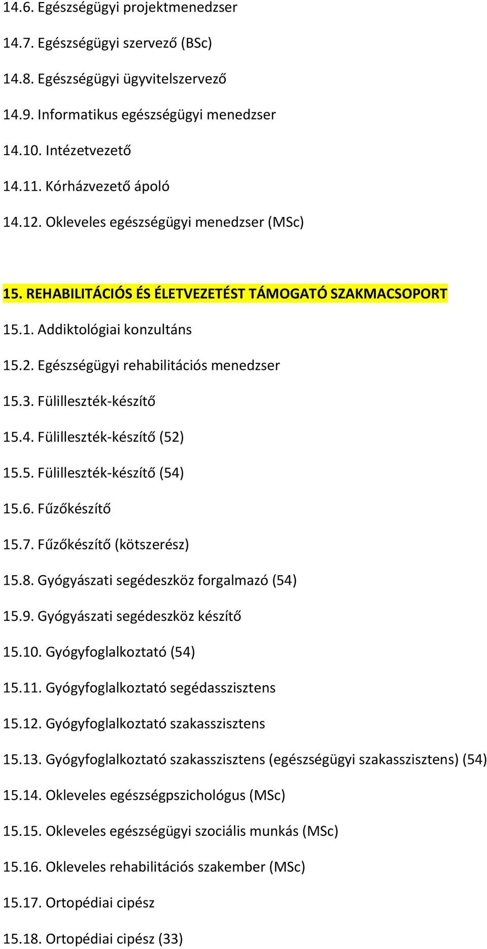 Fülilleszték-készítő 15.4. Fülilleszték-készítő (52) 15.5. Fülilleszték-készítő (54) 15.6. Fűzőkészítő 15.7. Fűzőkészítő (kötszerész) 15.8. Gyógyászati segédeszköz forgalmazó (54) 15.9.