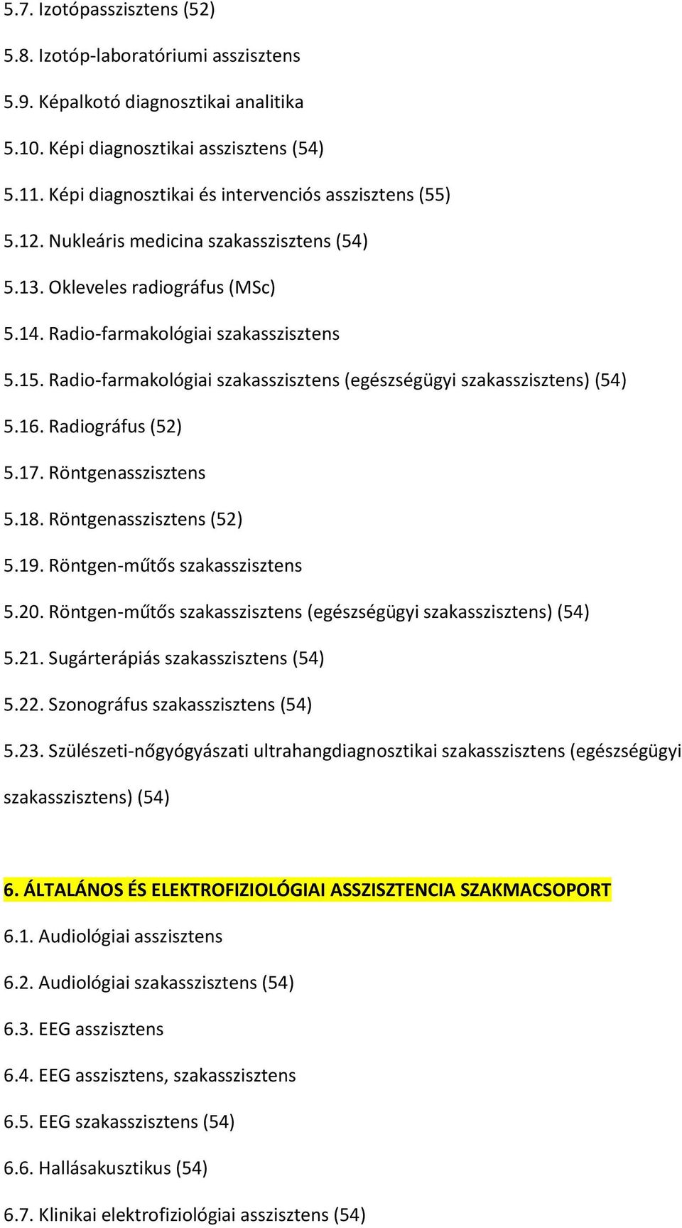 Radio-farmakológiai szakasszisztens (egészségügyi szakasszisztens) (54) 5.16. Radiográfus (52) 5.17. Röntgenasszisztens 5.18. Röntgenasszisztens (52) 5.19. Röntgen-műtős szakasszisztens 5.20.