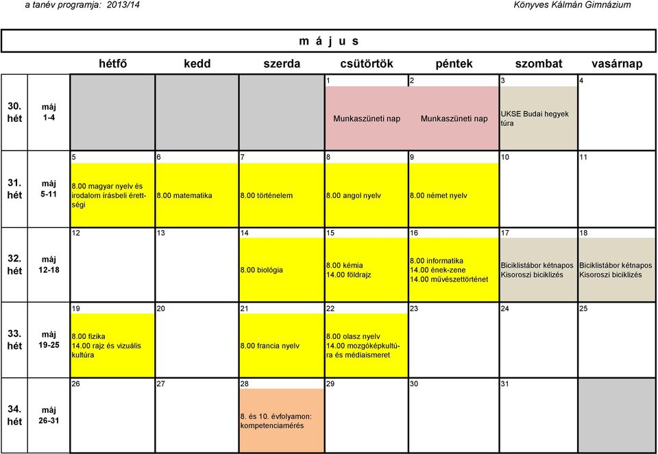 00 földrajz 8.00 informatika 14.00 ének-zene 14.00 művészettörténet Biciklistábor kétnapos Kisoroszi biciklizés Biciklistábor kétnapos Kisoroszi biciklizés 19 20 21 22 23 24 25 33.