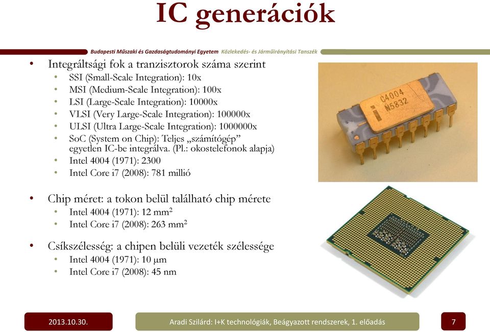 : okostelefonok alapja) Intel 4004 (1971): 2300 Intel Core i7 (2008): 781 millió Chip méret: a tokon belül található chip mérete Intel 4004 (1971): 12 mm 2 Intel Core i7