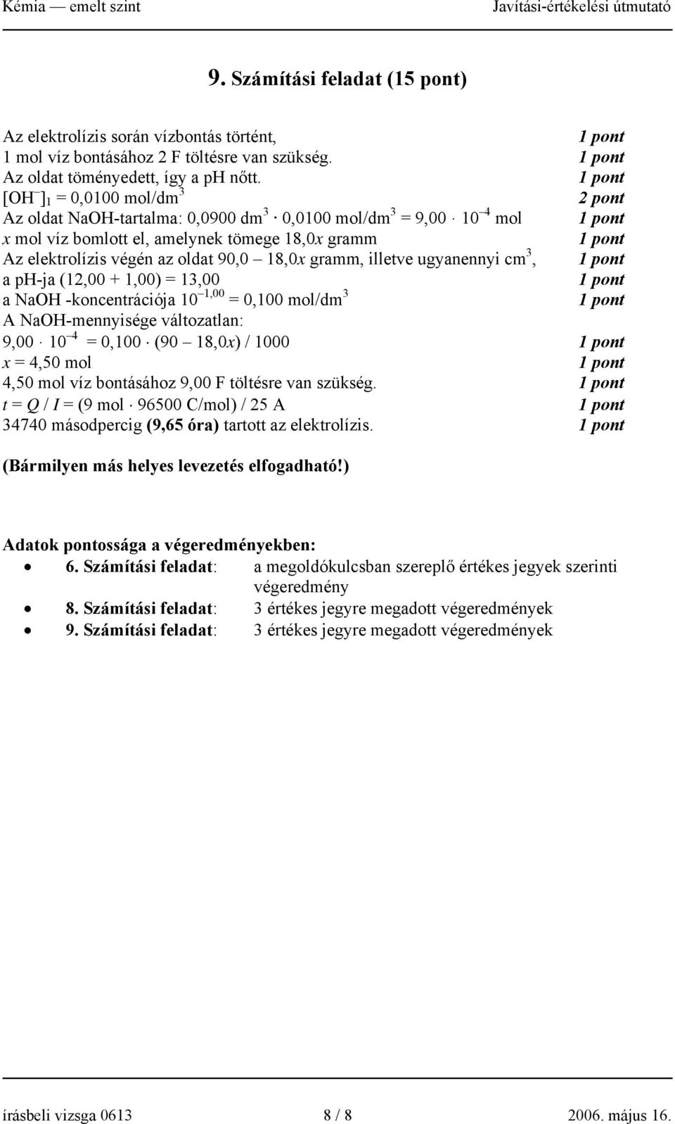 illetve ugyanennyi cm 3, a ph-ja (12,00 + 1,00) = 13,00 a NaOH -koncentrációja 10 1,00 = 0,100 mol/dm 3 A NaOH-mennyisége változatlan: 9,00 10 4 = 0,100 (90 18,0x) / 1000 x = 4,50 mol 4,50 mol víz