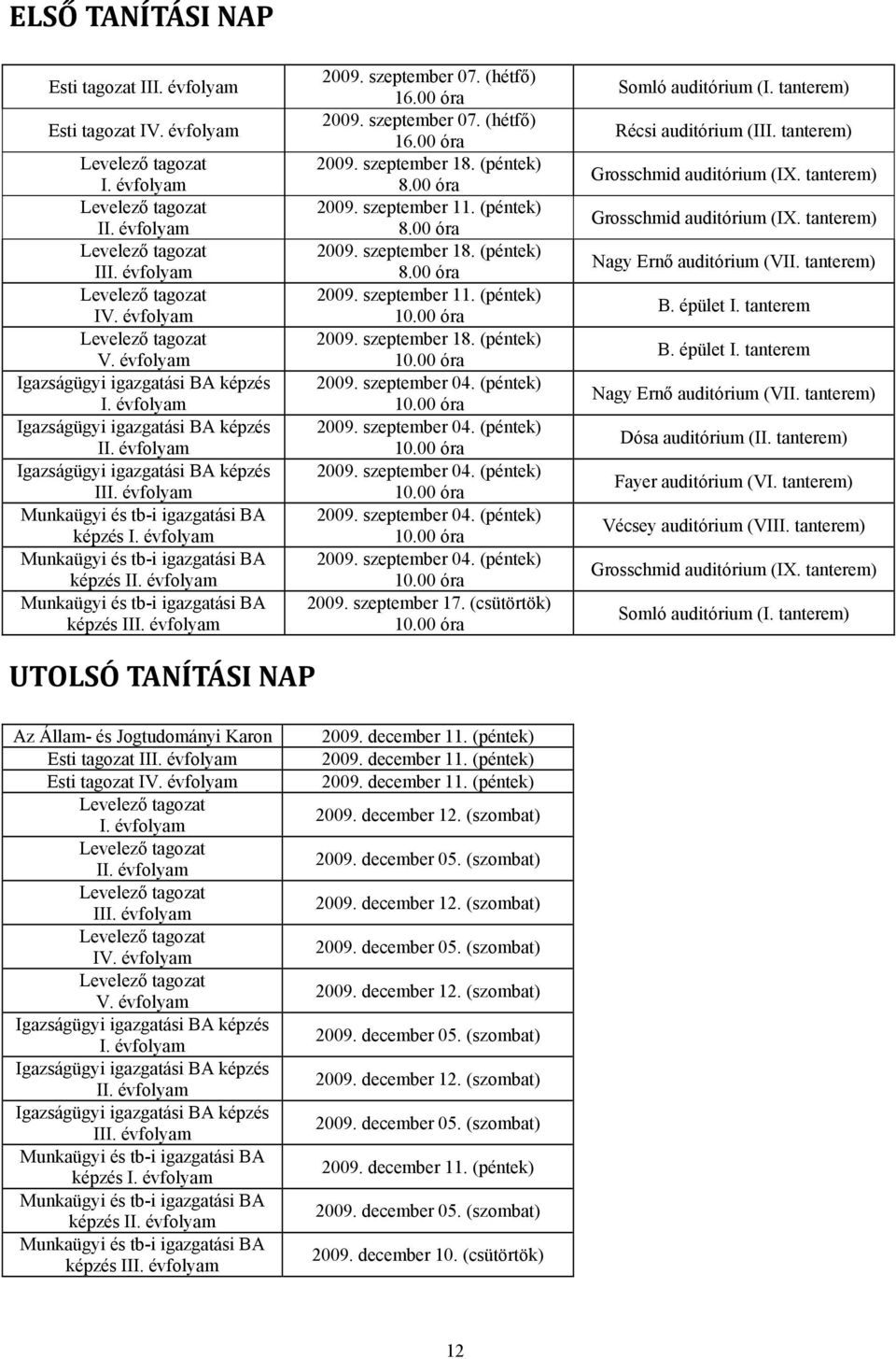 évfolyam Munkaügyi és tb-i igazgatási BA képzés I. évfolyam Munkaügyi és tb-i igazgatási BA képzés II. évfolyam Munkaügyi és tb-i igazgatási BA képzés III. évfolyam 2009. szeptember 07. (hétfő) 16.