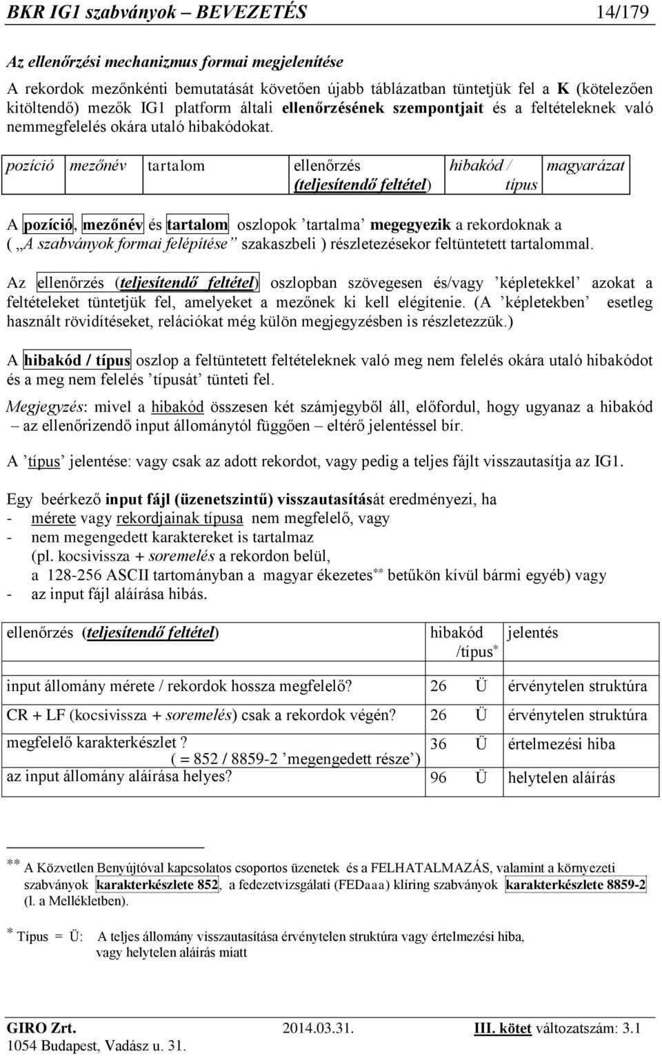 pozíció mezőnév tartalom ellenőrzés (teljesítendő feltétel) hibakód / típus magyarázat A pozíció, mezőnév és tartalom oszlopok tartalma megegyezik a rekordoknak a ( A szabványok formai felépítése