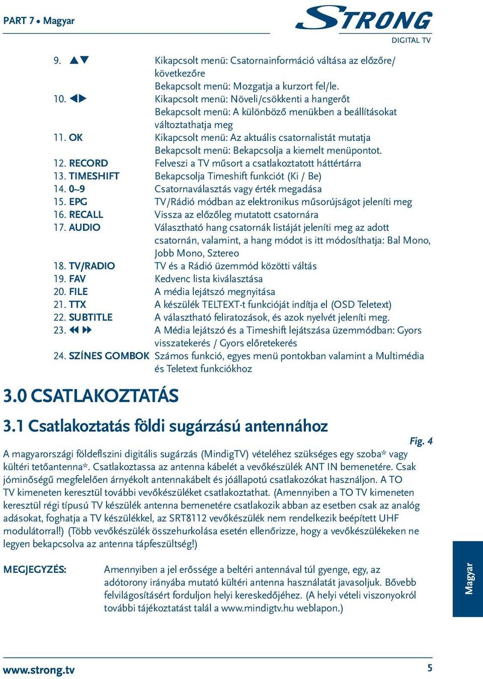 OK Kikapcsolt menü: Az aktuális csatornalistát mutatja Bekapcsolt menü: Bekapcsolja a kiemelt menüpontot. 12. RECORD Felveszi a TV műsort a csatlakoztatott háttértárra 13.