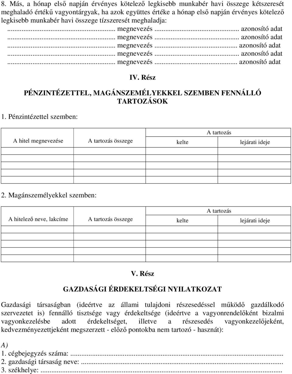 Pénzintézettel szemben: A tartozás A hitel megnevezése A tartozás összege kelte lejárati ideje 2.