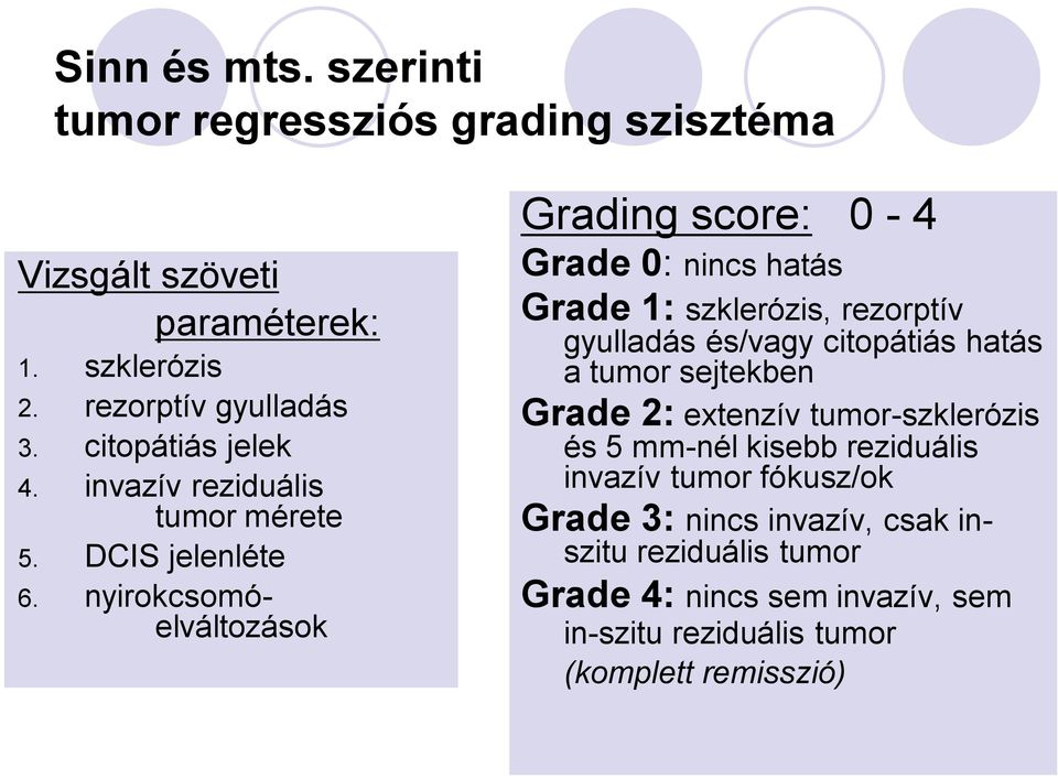 nyirokcsomóelváltozások Grading score: 0-4 Grade 0: nincs hatás Grade 1: szklerózis, rezorptív gyulladás és/vagy citopátiás hatás a tumor
