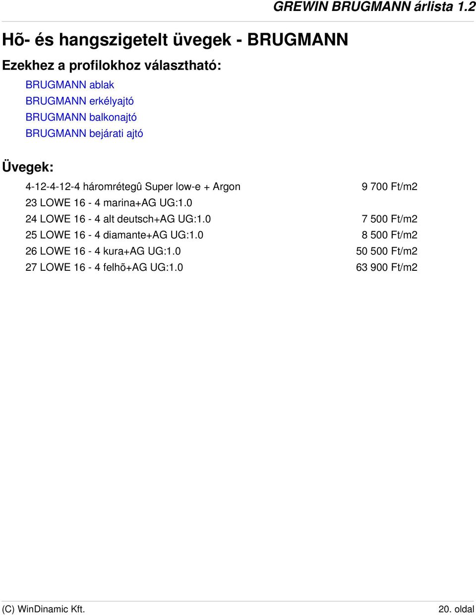 2 4-12-4-12-4 háromrétegû Super low-e + Argon 9 700 Ft/m2 23 LOWE 16-4 marina+ag UG:1.