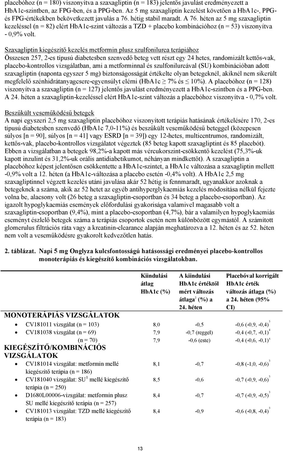 héten az 5 mg szaxagliptin kezeléssel (n = 82) elért HbA1c-szint változás a TZD + placebo kombinációhoz (n = 53) viszonyítva - 0,9% volt.