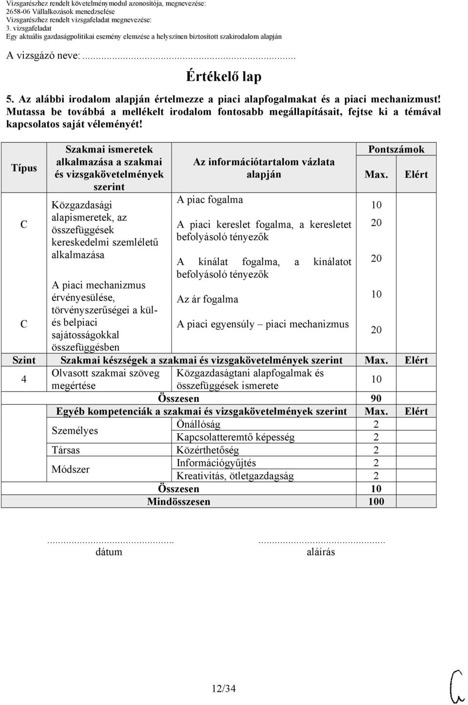 Típus Szakmai ismeretek alkalmazása a szakmai és vizsgakövetelmények szerint Közgazdasági alapismeretek, az összefüggések kereskedelmi szemléletű alkalmazása A piaci mechanizmus érvényesülése,