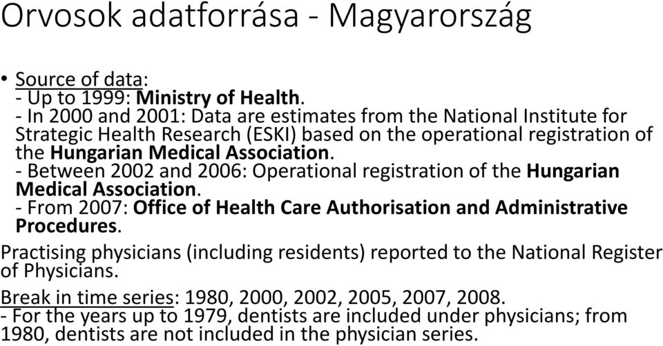 - Between 2002 and 2006: Operational registration of the Hungarian Medical Association. - From 2007: Office of Health Care Authorisation and Administrative Procedures.