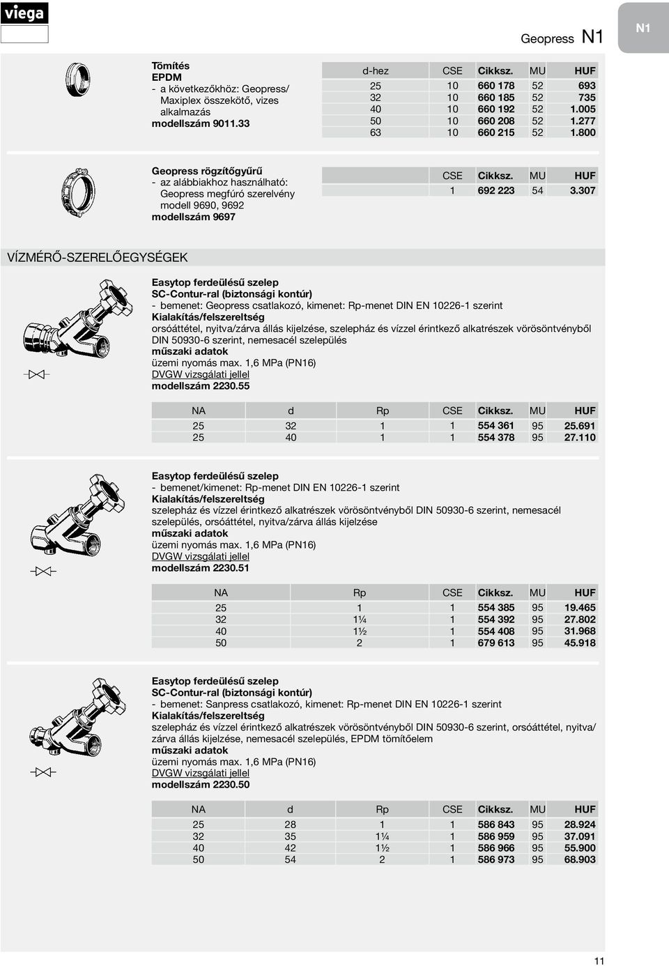 307 Vízmérő-szerelőegységek Easytop ferdeülésű szelep bemenet: Geopress csatlakozó, kimenet: Rp-menet DIN EN 10226 1 szerint orsóáttétel, nyitva/zárva állás kijelzése, szelepház és vízzel érintkező