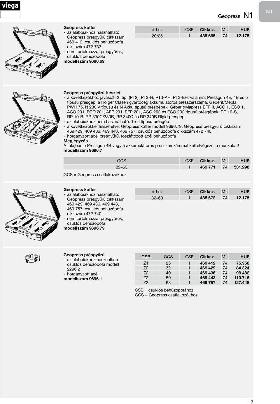 (PT2), PT3-H, PT3-AH, PT3-EH, valamint Pressgun 4E, 4B és 5 típusú présgép, a Holger Clasen gyártócég akkumulátoros présszerszáma, Geberit/Mepla PWH 75, N 230 V típusú és N Akku típusú présgépek,