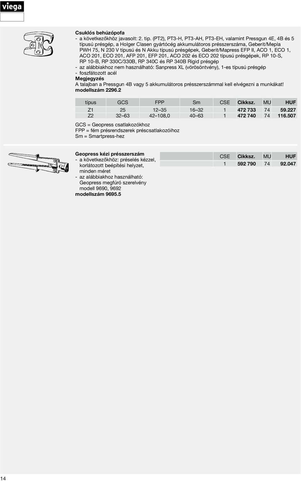 Geberit/Mapress EFP II, ACO 1, ECO 1, ACO 201, ECO 201, AFP 201, EFP 201, ACO 202 és ECO 202 típusú présgépek, RP 10-S, RP 10-B, RP 330C/330B, RP 340C és RP 340B Rigid présgép az alábbiakhoz nem