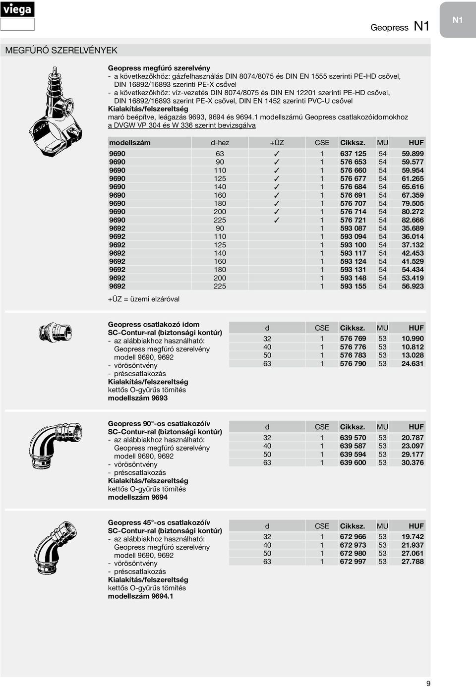 1 modellszámú Geopress csatlakozóidomokhoz a DVGW VP 304 és W 336 szerint bevizsgálva modellszám d-hez +ÜZ CSE Cikksz. MU HUF 9690 63 1 637 125 54 59.899 9690 90 1 576 653 54 59.