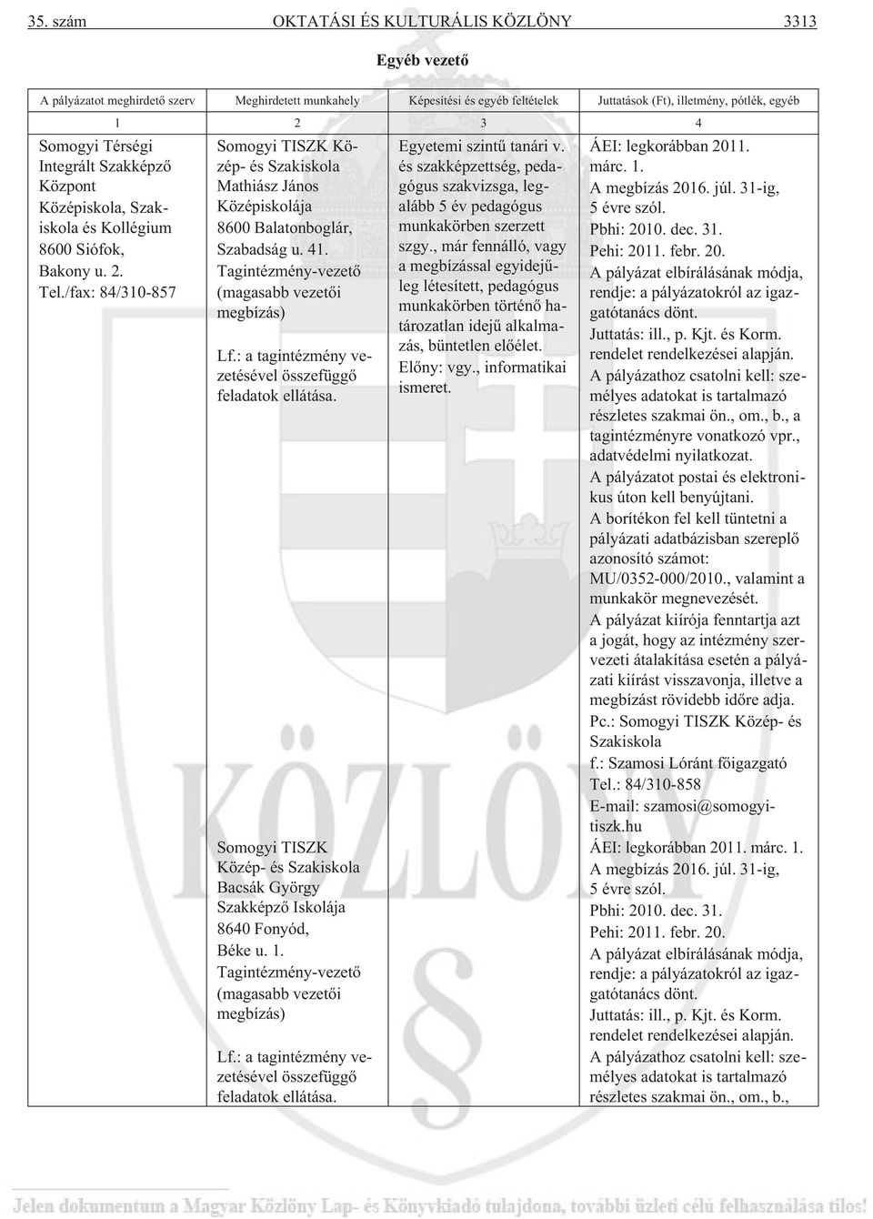 /fax: 84/310-857 1 2 3 4 Somogyi TISZK Közép- és Szakiskola Mathiász János Középiskolája 8600 Balatonboglár, Szabadság u. 41. Tagintézmény-vezetõ (magasabb vezetõi megbízás) Lf.