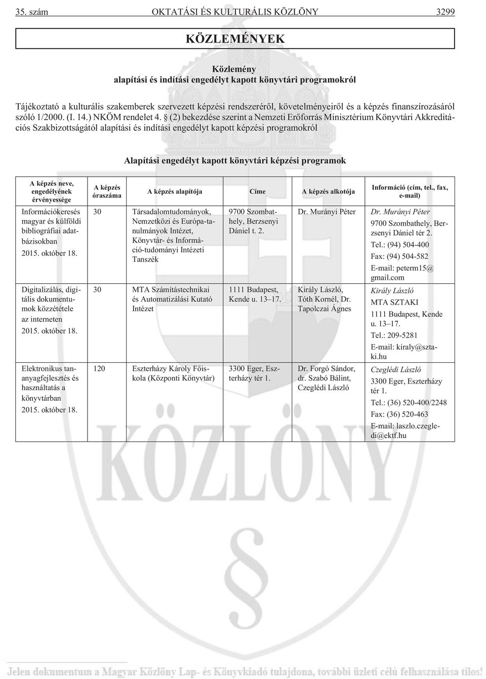 (2) bekezdése szerint a Nemzeti Erõforrás Minisztérium Könyvtári Akkreditációs Szakbizottságától alapítási és indítási engedélyt kapott képzési programokról Alapítási engedélyt kapott könyvtári