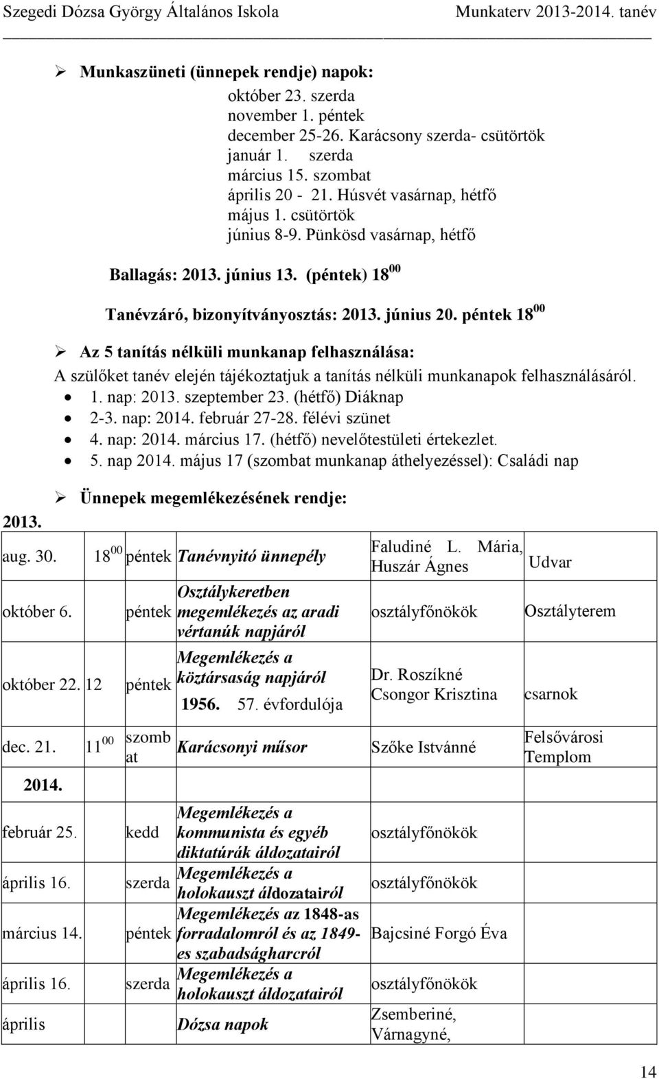 péntek 18 00 Az 5 tanítás nélküli munkanap felhasználása: A szülőket tanév elején tájékoztatjuk a tanítás nélküli munkanapok felhasználásáról. 1. nap: 2013. szeptember 23. (hétfő) Diáknap 2-3.