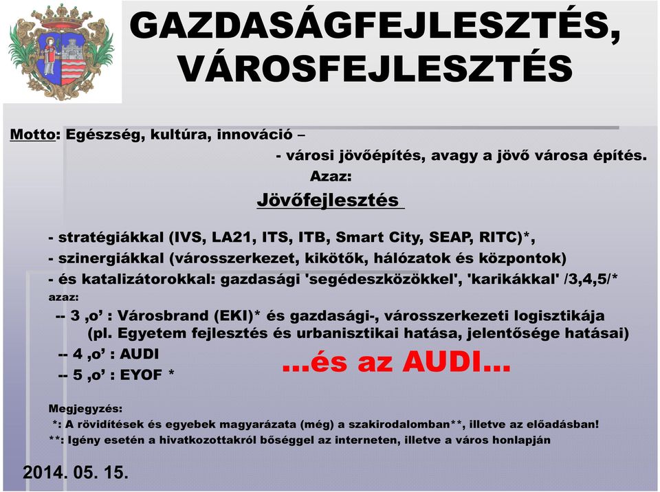 'segédeszközökkel', 'karikákkal' /3,4,5/* azaz: -- 3 o : Városbrand (EKI)* és gazdasági-, városszerkezeti logisztikája (pl.