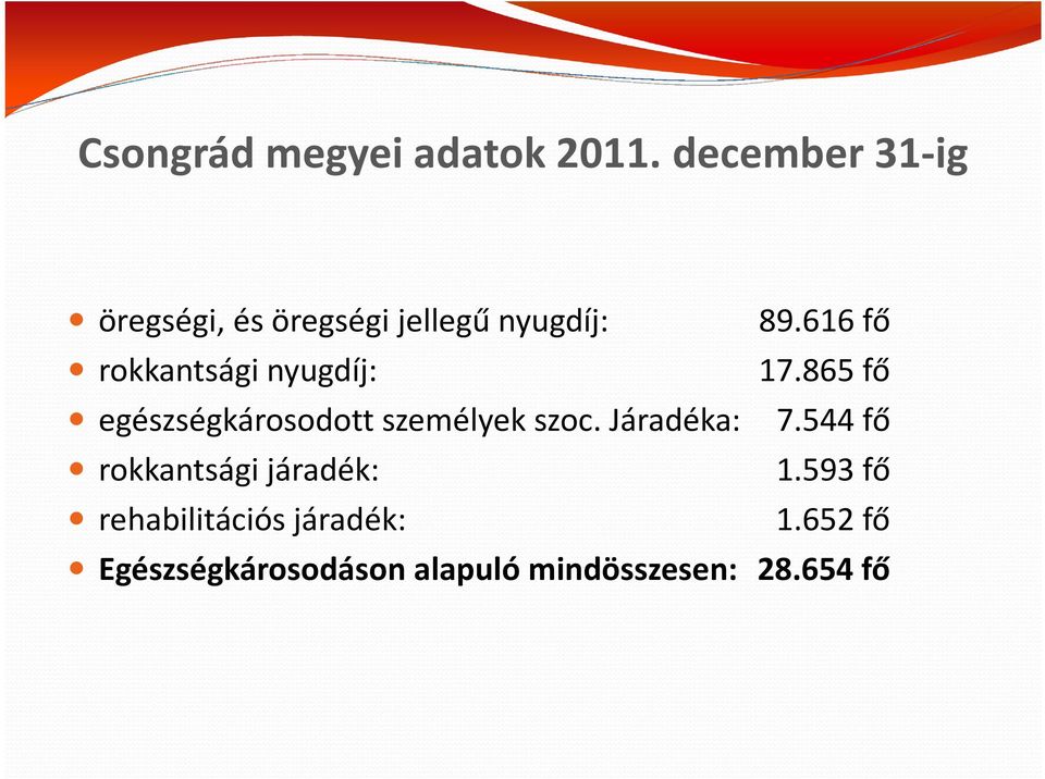 616 fő rokkantsági nyugdíj: 17.865 fő egészségkárosodott személyek szoc.