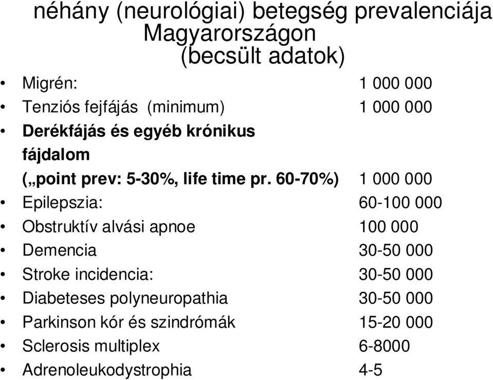 60-70%) 1 000 000 Epilepszia: 60-100 000 Obstruktív alvási apnoe 100 000 Demencia 30-50 000 Stroke incidencia: