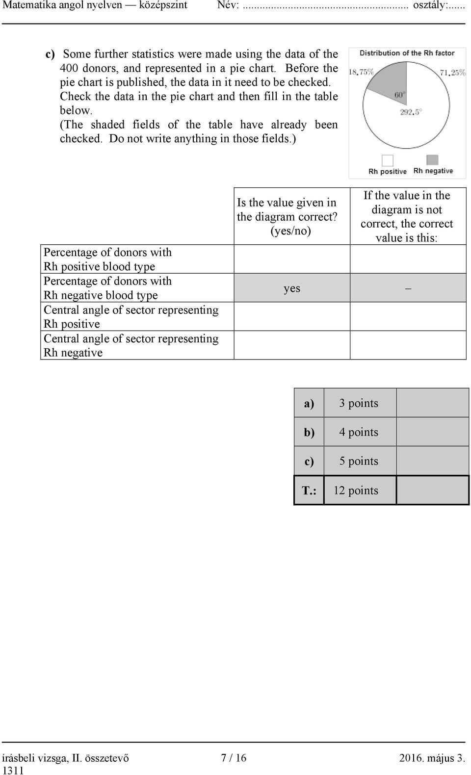 ) Percentage of donors with Rh positive blood type Percentage of donors with Rh negative blood type Central angle of sector representing Rh positive Central angle of sector representing Rh